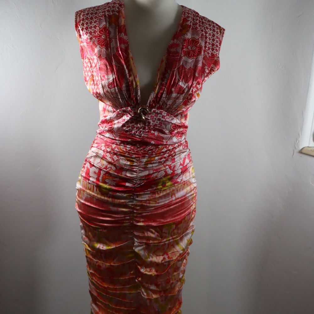 Roberto Cavalli Red and Pink Bodycon Maxi Dress Plunge Neckline Sleeveless